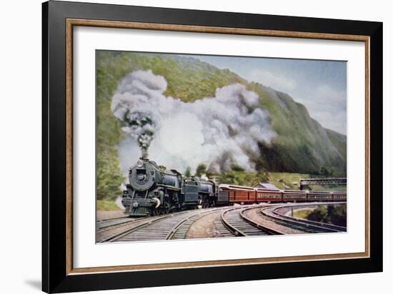 The New York to Chicago Express at the Horse-Shoe Curve, Alleghany, c.1930-null-Framed Giclee Print