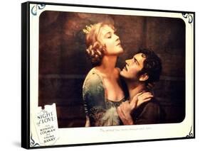 THE NIGHT OF LOVE, l-r: Vilma Banky, Ronald Colman on lobbycard, 1927-null-Framed Stretched Canvas