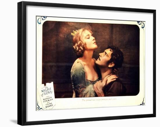 THE NIGHT OF LOVE, l-r: Vilma Banky, Ronald Colman on lobbycard, 1927-null-Framed Art Print