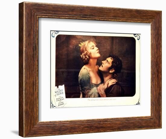 THE NIGHT OF LOVE, l-r: Vilma Banky, Ronald Colman on lobbycard, 1927-null-Framed Art Print