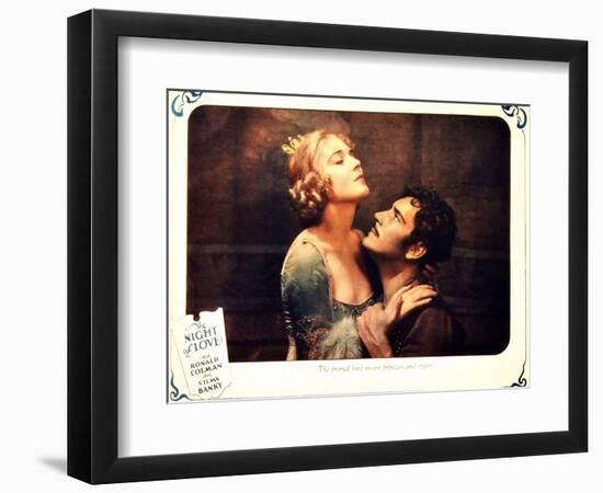 THE NIGHT OF LOVE, l-r: Vilma Banky, Ronald Colman on lobbycard, 1927-null-Framed Art Print