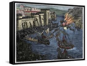 The Normans, led by Rollo, besieged Paris in 885-French School-Framed Stretched Canvas