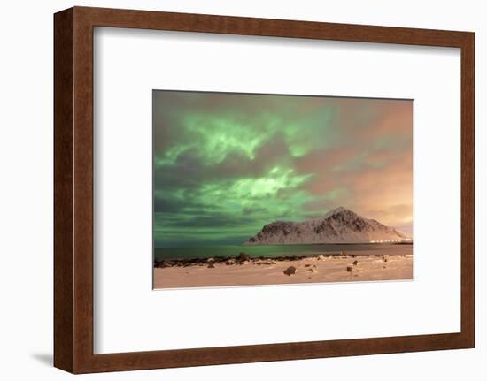 The Northern Lights (Aurora borealis) with mountain range in winter, Reine, Lofoten Islands-Ed Rhodes-Framed Photographic Print