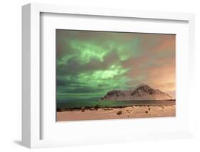 The Northern Lights (Aurora borealis) with mountain range in winter, Reine, Lofoten Islands-Ed Rhodes-Framed Photographic Print