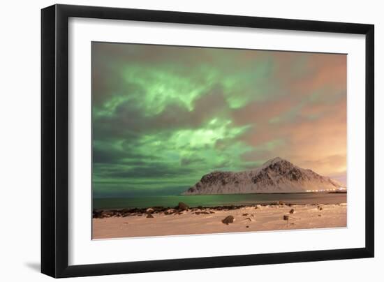 The Northern Lights (Aurora borealis) with mountain range in winter, Reine, Lofoten Islands-Ed Rhodes-Framed Photographic Print