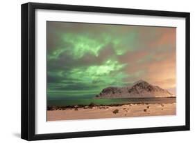 The Northern Lights (Aurora borealis) with mountain range in winter, Reine, Lofoten Islands-Ed Rhodes-Framed Photographic Print