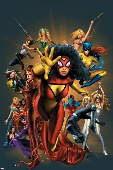 The Official Handbook Of The Marvel Universe: The Women of Marvel 2005 Cover: Spider Woman Charging-Greg Land-Lamina Framed Poster