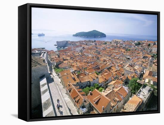 The Old City Rooftops and Island of Lokrum, Dubrovnik, Dalmatian Coast, Croatia-Steve Vidler-Framed Stretched Canvas