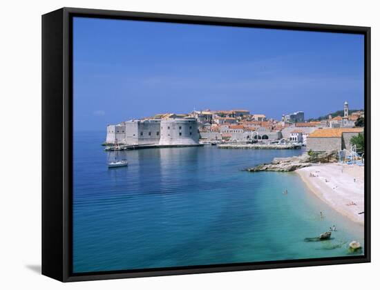 The Old City Skyline and Beach, Dubrovnik, Dalmatian Coast, Croatia-Steve Vidler-Framed Stretched Canvas