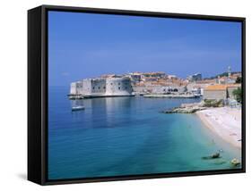 The Old City Skyline and Beach, Dubrovnik, Dalmatian Coast, Croatia-Steve Vidler-Framed Stretched Canvas