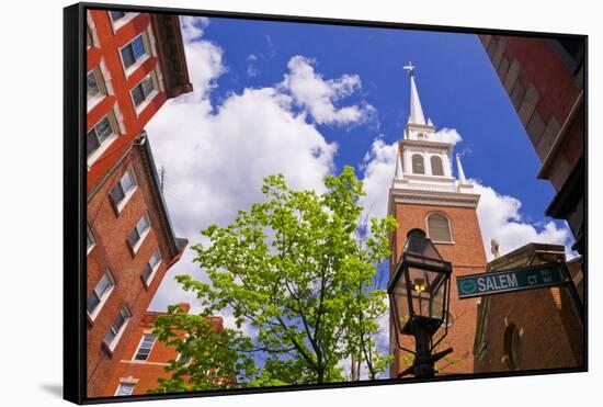 The Old North Church and gas street lamp, Freedom Trail, Boston, Massachusetts, USA-Russ Bishop-Framed Stretched Canvas