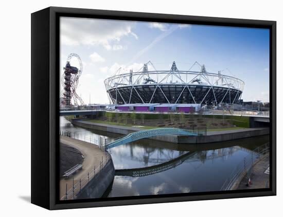 The Olympic Stadium with the Arcelor Mittal Orbit and the River Lee, London, England, UK-Mark Chivers-Framed Stretched Canvas