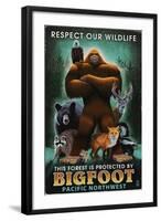 The Pacific Northwest - Respect Our Wildlife - Bigfoot-Lantern Press-Framed Art Print