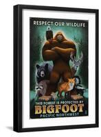 The Pacific Northwest - Respect Our Wildlife - Bigfoot-Lantern Press-Framed Art Print