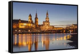 The Panorama of Dresden in Saxony with the River Elbe in the Foreground.-David Bank-Framed Stretched Canvas