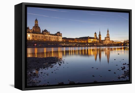 The Panorama of Dresden in Saxony with the River Elbe in the Foreground.-David Bank-Framed Stretched Canvas