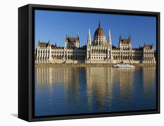 The Parliament (Orszaghaz) across River Danube at Sunset, UNESCO World Heritage Site, Budapest, Hun-Stuart Black-Framed Stretched Canvas