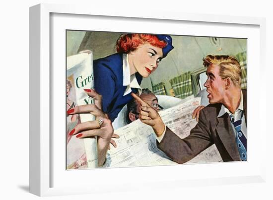 The Passenger Hated Redheads  - Saturday Evening Post "Leading Ladies", August 13, 1949 pg.24-Joe deMers-Framed Giclee Print