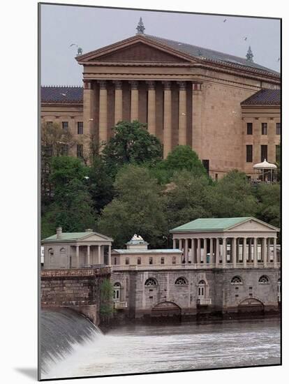 The Philadelphia Museum of Art Looms Above the Fairmount Water Works-null-Mounted Premium Photographic Print