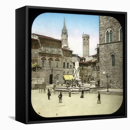 The Piazza Della Signoria and the Neptune Fountain, Florence (Italy), Circa 1895-Leon, Levy et Fils-Framed Stretched Canvas