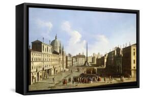 The Piazza Navona, Rome, with a Commedia dell'Arte Performance-Francesco Tironi-Framed Stretched Canvas