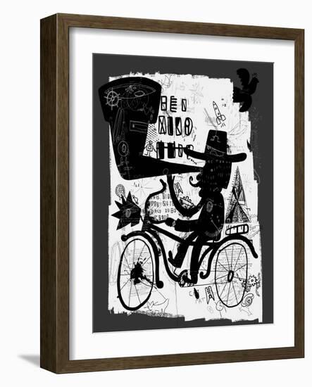 The Picture Shows a Man Who Rides a Bicycle, Looking through a Telescope-Dmitriip-Framed Art Print