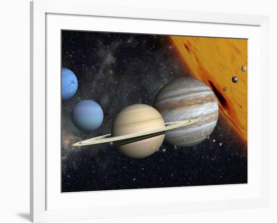 The Planets and Larger Moons to Scale with the Sun-Stocktrek Images-Framed Photographic Print