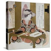 The Poetess, Bijin, at Her Calligraphy Table-Yashima Gakutei-Stretched Canvas