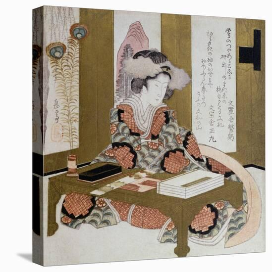 The Poetess, Bijin, at Her Calligraphy Table-Yashima Gakutei-Stretched Canvas