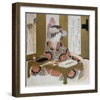 The Poetess, Bijin, at Her Calligraphy Table-Yashima Gakutei-Framed Giclee Print