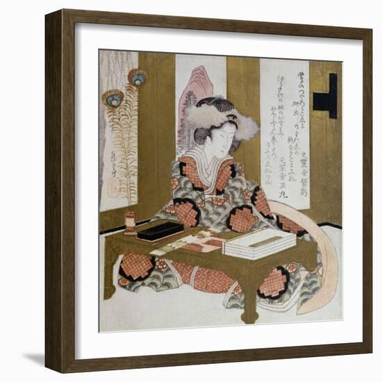 The Poetess, Bijin, at Her Calligraphy Table-Yashima Gakutei-Framed Giclee Print