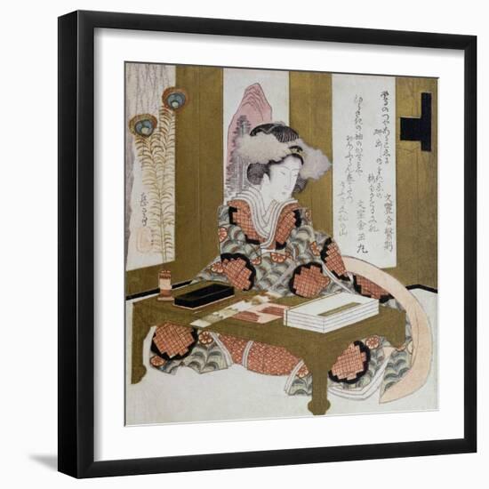 The Poetess, Bijin, at Her Calligraphy Table-Yashima Gakutei-Framed Giclee Print