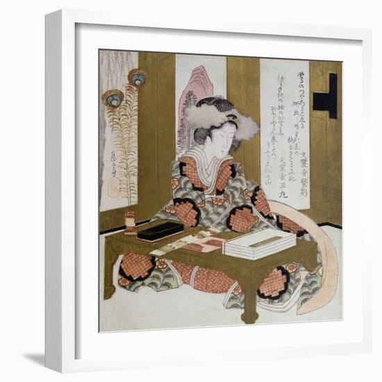 The Poetess, Bijin, at Her Calligraphy Table-Yashima Gakutei-Framed Giclee Print