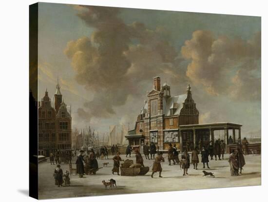 The Pole House and the New Bridge to the Ijkant Amsterdam in Winter, Seen from the Damrak-Jan Abrahamsz. Beerstraten-Stretched Canvas