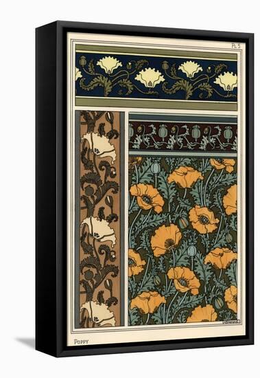 The poppy, Papaver somniferum, in wallpaper and fabric patterns. Lithograph by Verneuil.-null-Framed Stretched Canvas