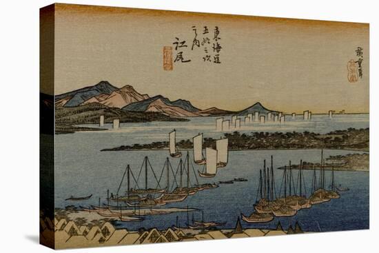 The Port at the Mouth of the River Okitsu, with Sail Boats in the Distance-Utagawa Hiroshige-Stretched Canvas