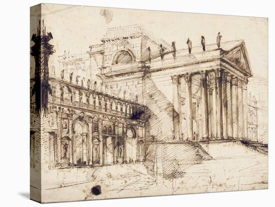 The Portico and Facade of an Elaborate Neo-Classical Building (Pen and Brown Ink)-Giovanni Battista Piranesi-Stretched Canvas