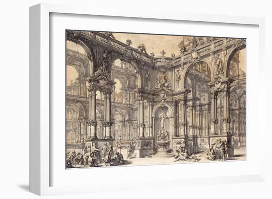 The Portico of an Italian Palace with a Fountain Decorated with a Statue of Fortune-Giuseppe Bibiena-Framed Giclee Print