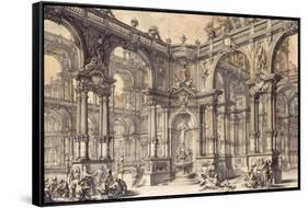 The Portico of an Italian Palace with a Fountain Decorated with a Statue of Fortune-Giuseppe Bibiena-Framed Stretched Canvas