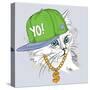 The Poster with the Image Cat Portrait in Hip-Hop Hat. Vector Illustration.-Sunny Whale-Stretched Canvas