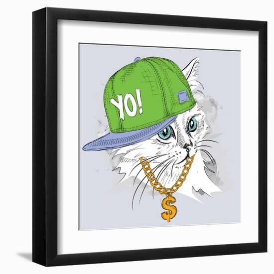 The Poster with the Image Cat Portrait in Hip-Hop Hat. Vector Illustration.-Sunny Whale-Framed Art Print