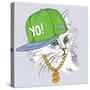 The Poster with the Image Cat Portrait in Hip-Hop Hat. Vector Illustration.-Sunny Whale-Stretched Canvas