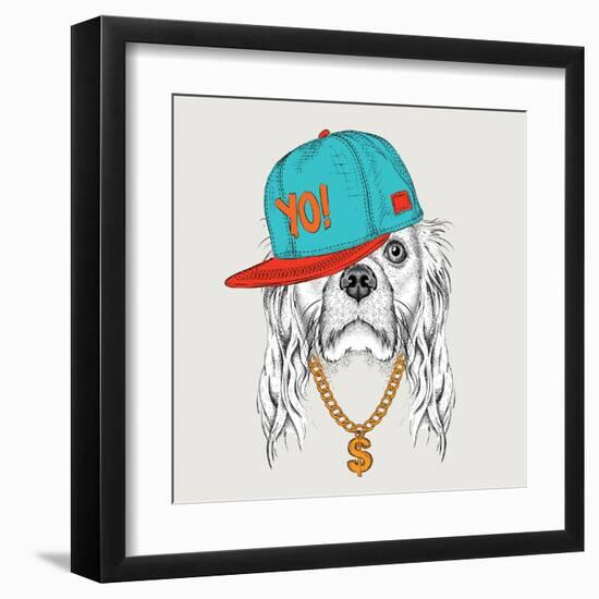 The Poster with the Image of Cocker Spaniel Portrait in Hip-Hop Hat. Vector Illustration.-Sunny Whale-Framed Art Print