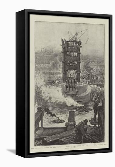 The Present State of the Tower Bridge, a View from the Tower Pier, Surrey Side-Henri Lanos-Framed Stretched Canvas