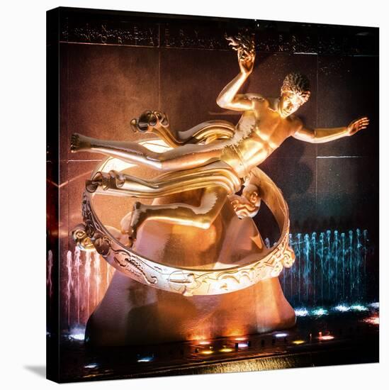 The Prometheus Statue with Snow by Night at Rockefeller Center in New York-Philippe Hugonnard-Stretched Canvas
