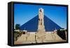 The Pyramid Sports Arena in Memphis, TN with statue of Ramses at entrance-null-Framed Stretched Canvas