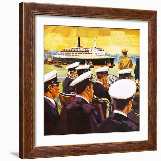 The Qe2 Arriving in the Port of New York on Manhattan Island-English School-Framed Giclee Print