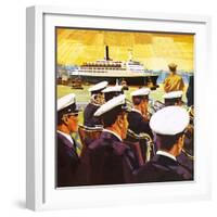 The Qe2 Arriving in the Port of New York on Manhattan Island-English School-Framed Giclee Print