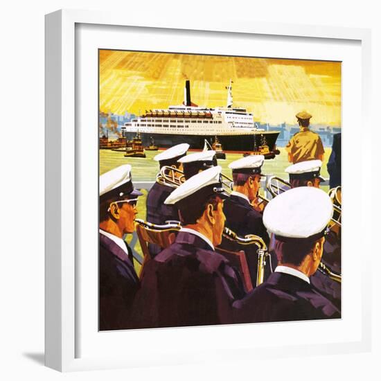 The Qe2 Arriving in the Port of New York on Manhattan Island-English School-Framed Giclee Print