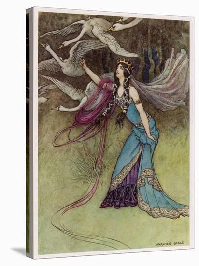 The Queen and the Six Swans-Warwick Goble-Stretched Canvas